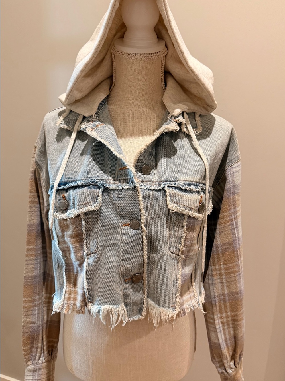 Distressed Denim Hooded Jacket with Plaid Sleeves and back - Beige/Light Blue